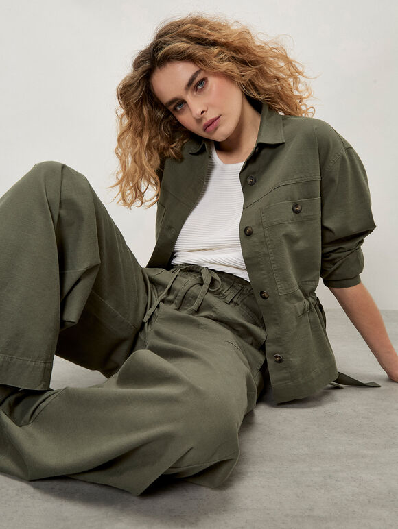 Paper Bag Waist Wide Leg Trousers, Khaki, large