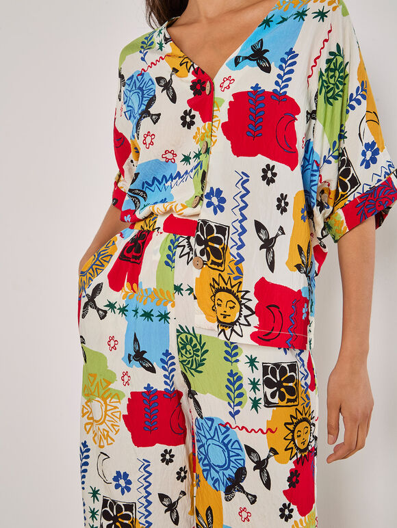 Colourful Sketch Print Culottes, Cream, large