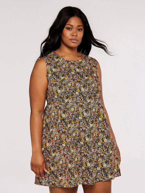 Curve Retro DitsyTrapeze Dress, Black, large