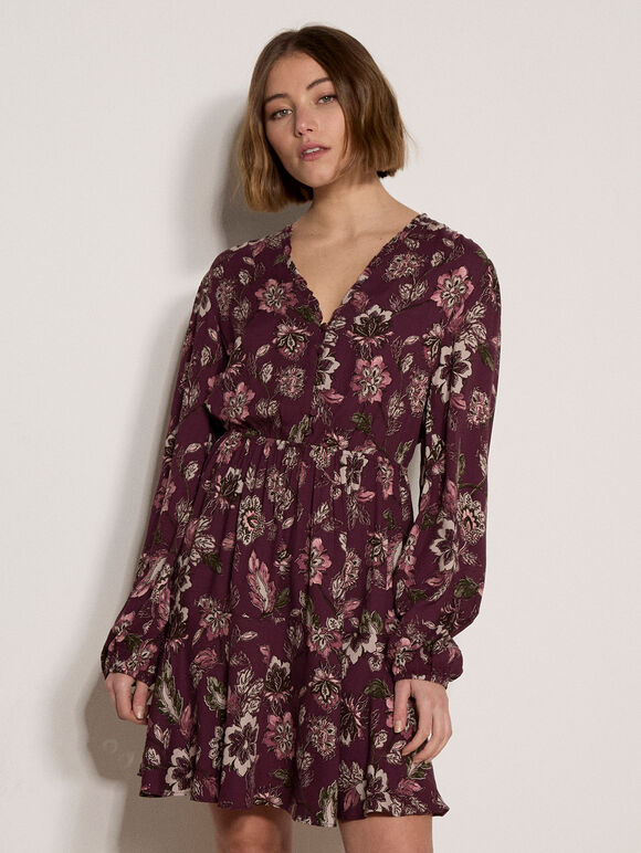 Floral Ruffle Mini Dress, Burgundy, large