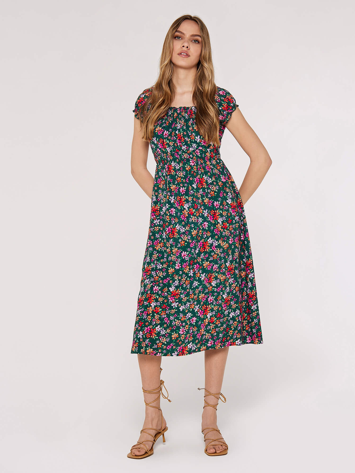 Ditsy Milkmaid Midi Dress Apricot Clothing