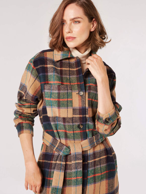 Checked Oversized Shirt Coat, Brown, large
