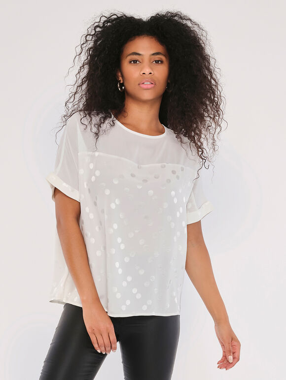Jacquard Spot Turn Up Slv Top, Cream, large