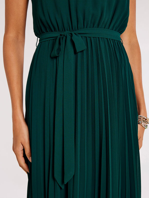 Pleated Skirt Midi Dress, Green, large