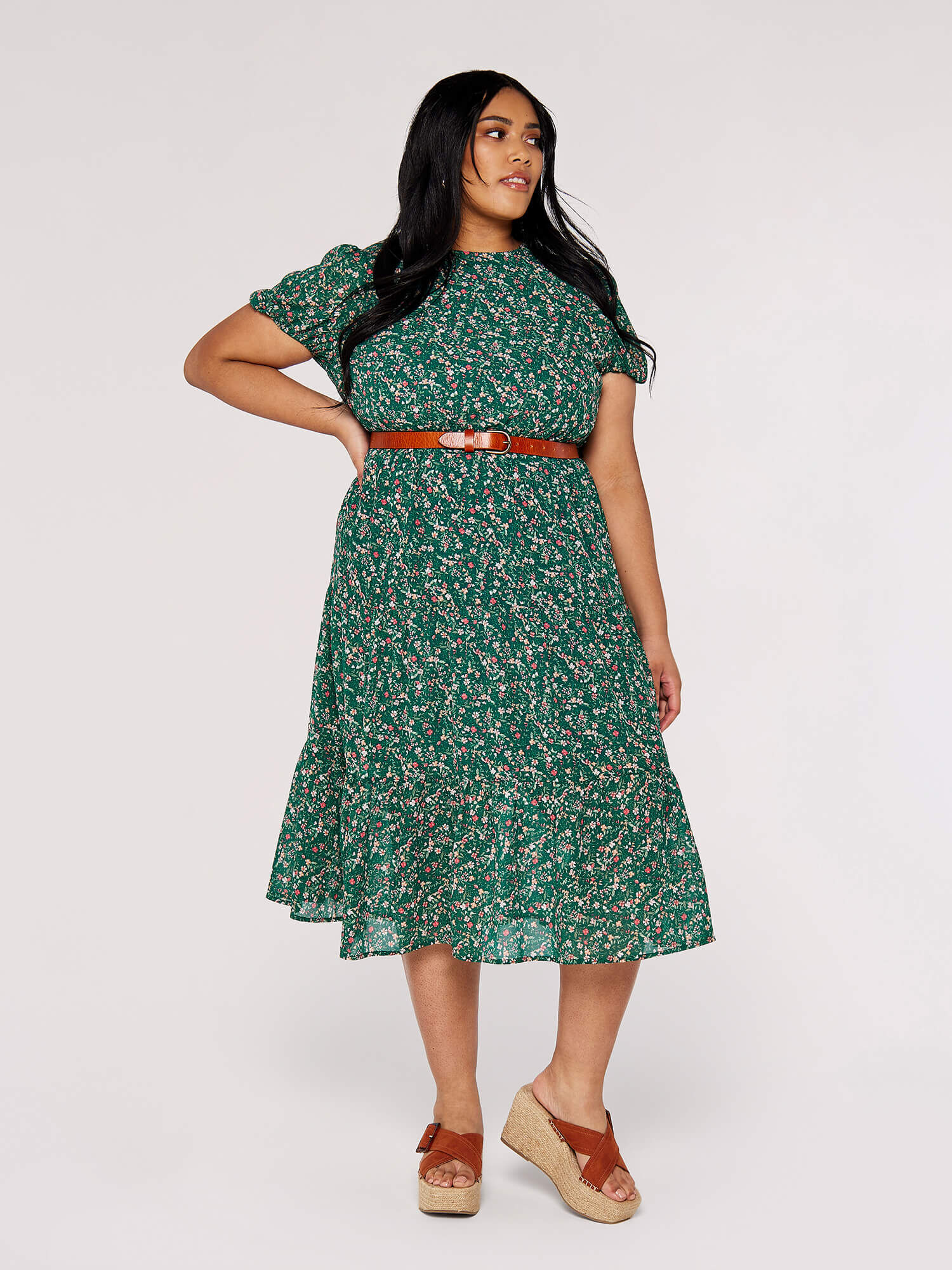 Curve Floral Smock Dress Apricot Clothing