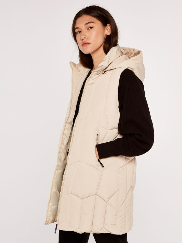 Hooded Zip Puffer Gilet, Stone, large