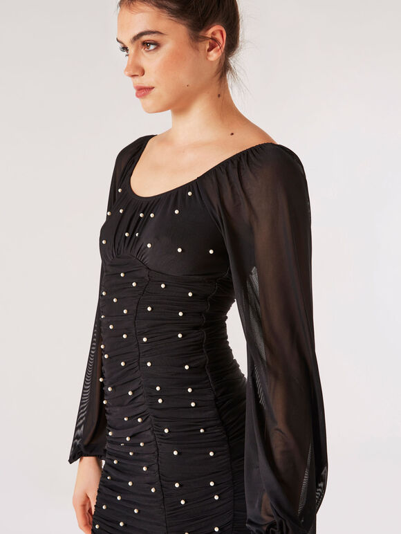 Pearl Embellished Ruched Dress, Black, large
