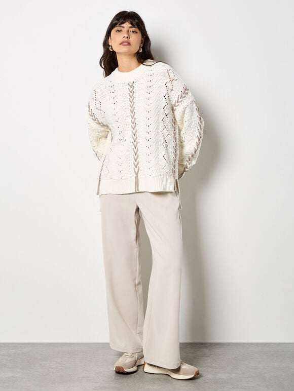 Pointelle Knit Lace Up Jumper, Cream, large