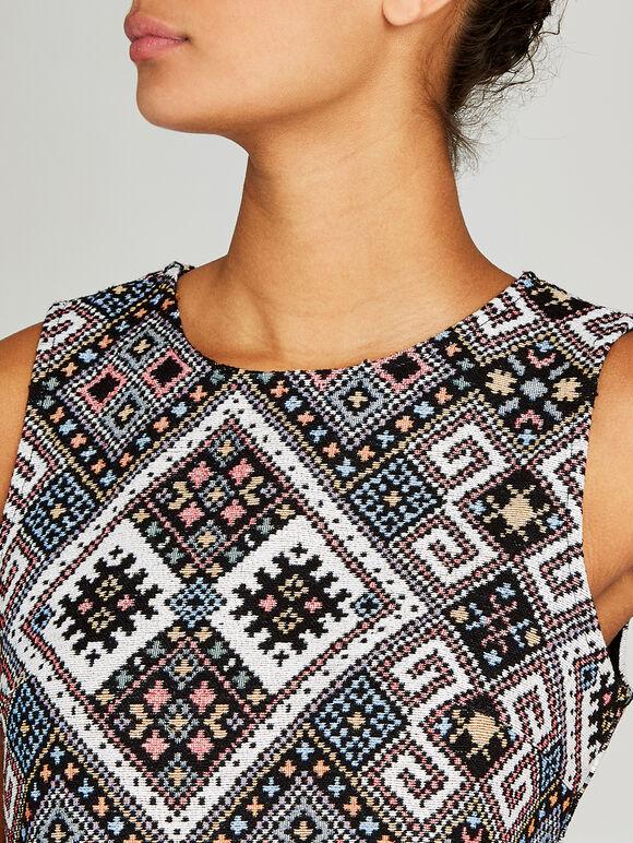 Black Tribal Jacquard Shift Dress, Black, large