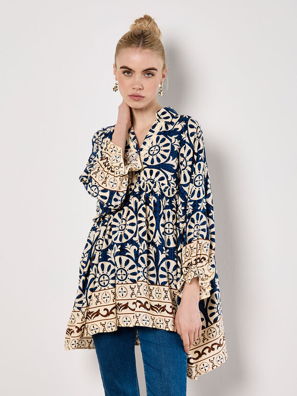 Block Print Oversized Shirt, Navy, large