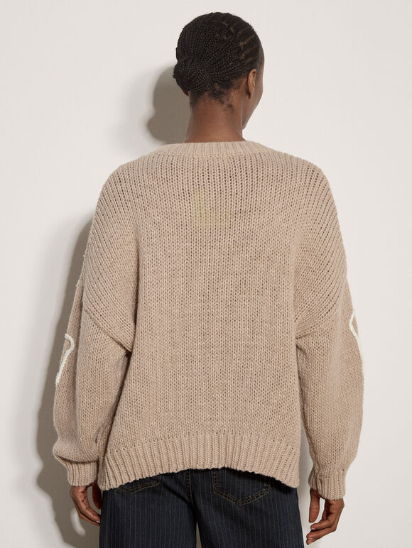 Oversized Cornelli Embroidered Jumper, Stone, large