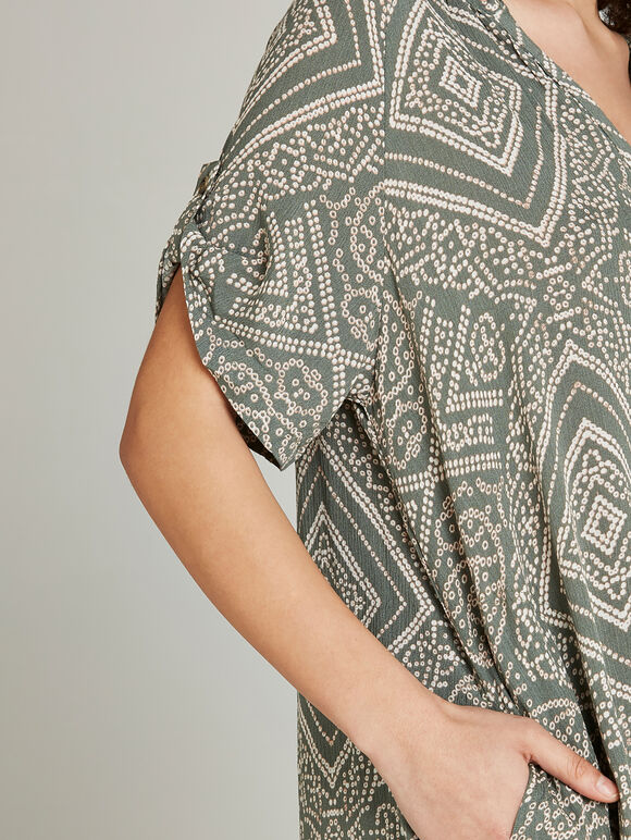 Khaki Dotted Tribal Print High Low Dress, Khaki, large