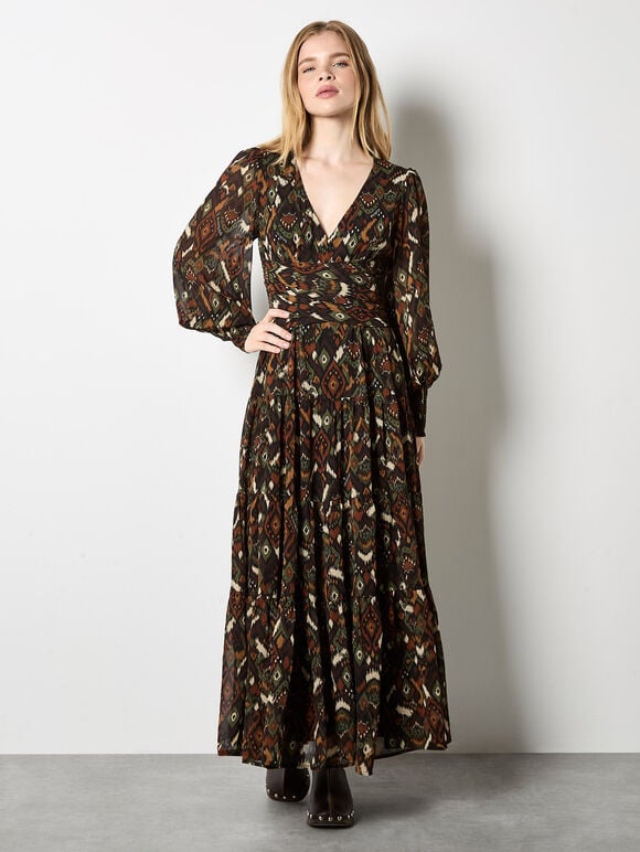 Ikat Chiffon Tiered Maxi Dress, Khaki, large
