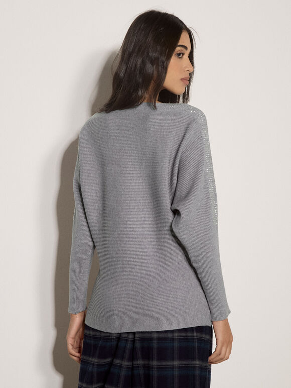 Diamante Embellished Ribbed Jumper, Grey, large