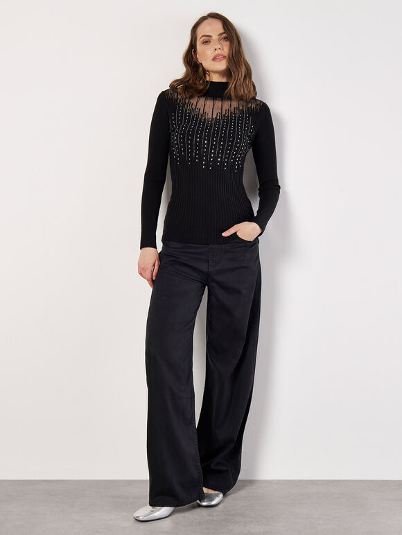 Gemstone Mesh Ribbed Jumper, Black, large