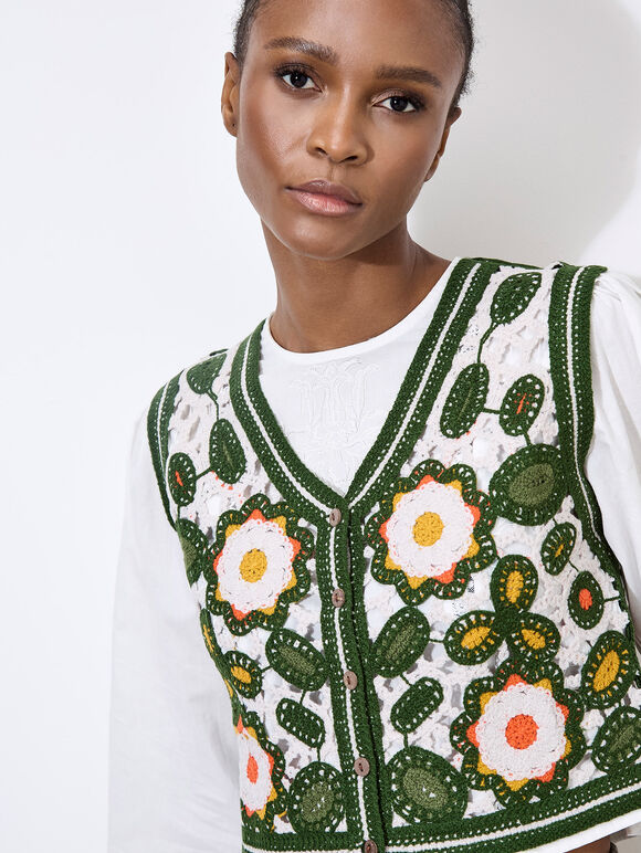 Floral Crochet Waistcoat, Green, large