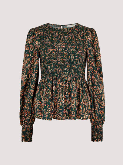 Paisley Puff Sleeve Smocked Top