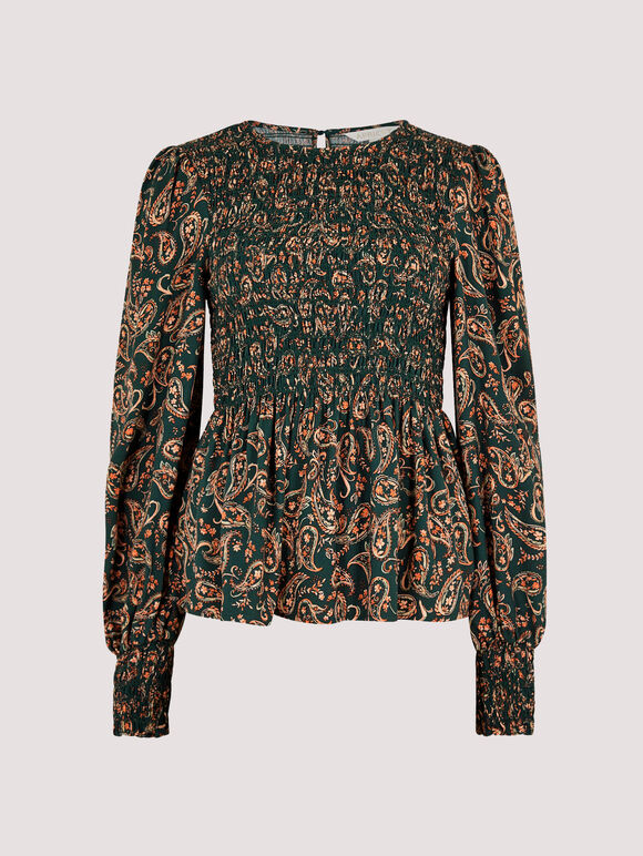 Paisley Puff Sleeve Smocked Top, Green, large