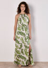 Tropical Leaf Satin Halter Neck Maxi Dress, Stone, large