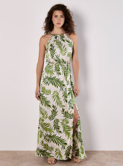 Tropical Leaf Satin Halter Neck Maxi Dress