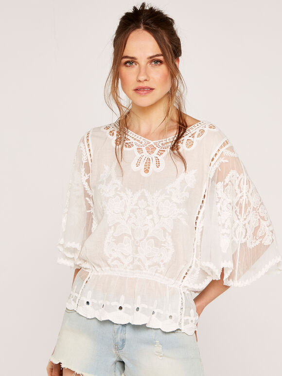 Floral Embroidery Top with Lace, White, large