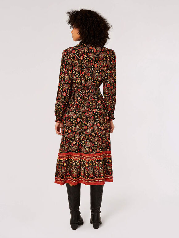 Ditsy Floral Paisley Midi Dress, Black, large