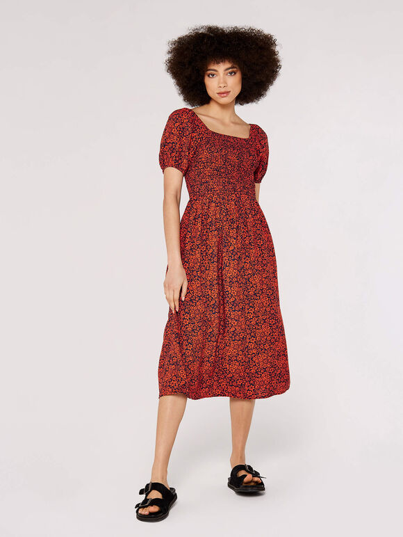 Ditsy Puff Sleeve Midi Dress, Navy, large