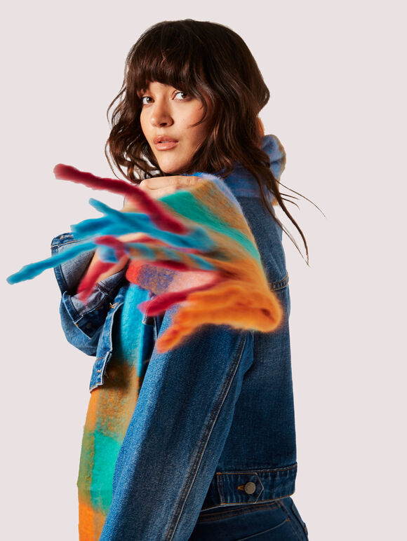 Colour Block Check Square Scarf, Blue, large