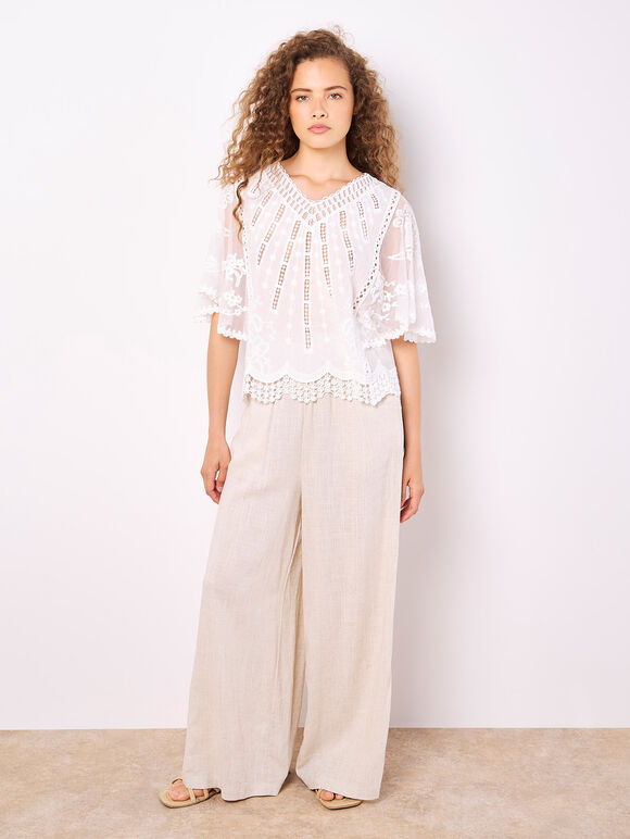 Embroidered Cotton Mesh Top, White, large