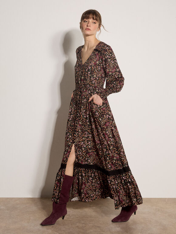 Paisley Floral Maxi Dress, Black, large