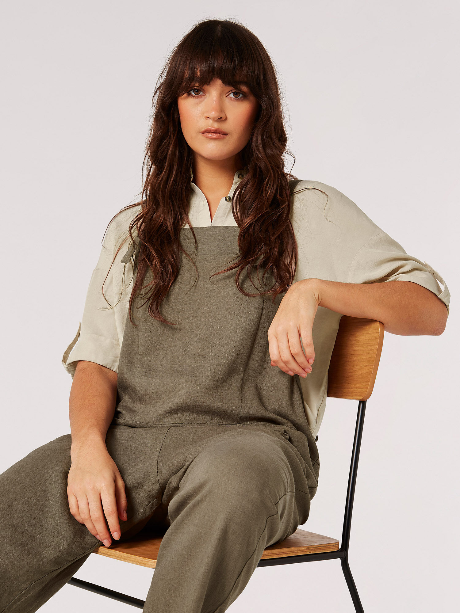 Khaki linen dungarees best sale