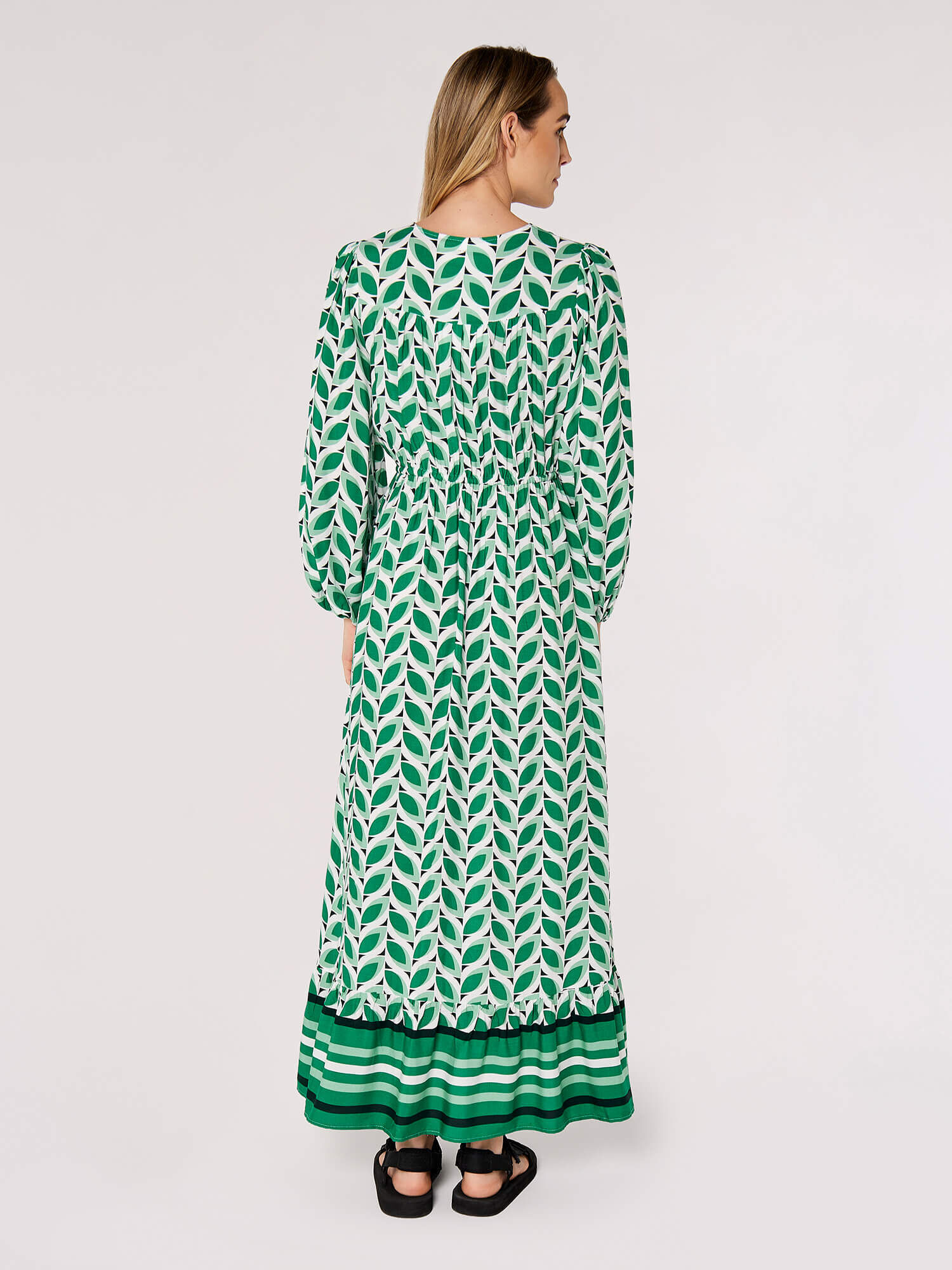 Geo Leaves Border Wrap Dress Apricot Clothing