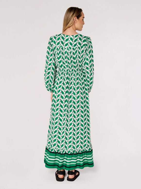 Geo Leaves Drawstring Maxi Dress, Green, large