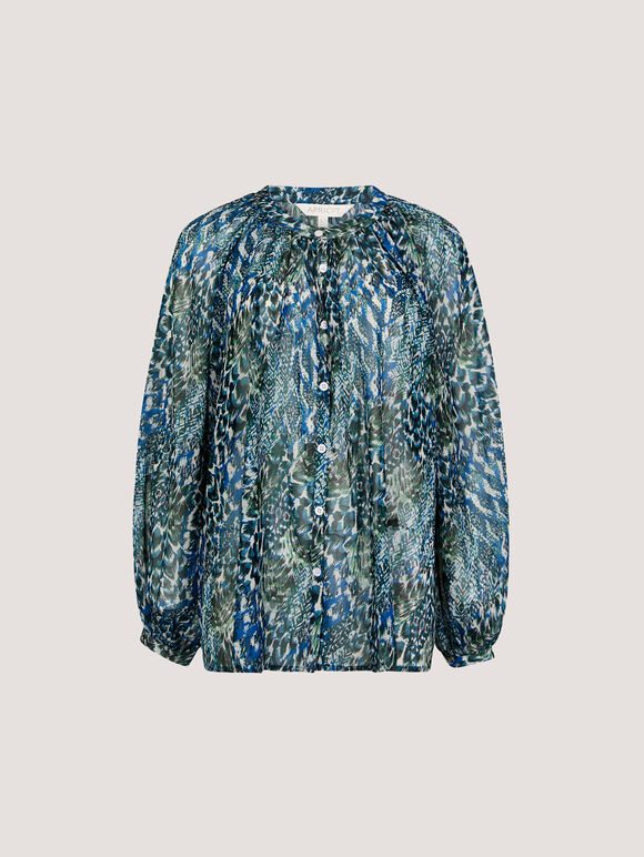 Patchwork Feather Print Chiffon Top, Green, large