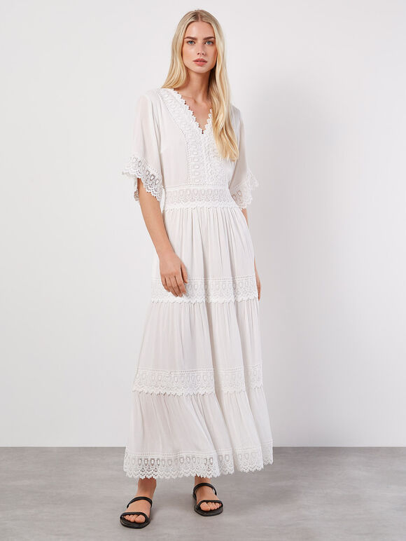 Crochet Detail Tiered Maxi Dress, Cream, large