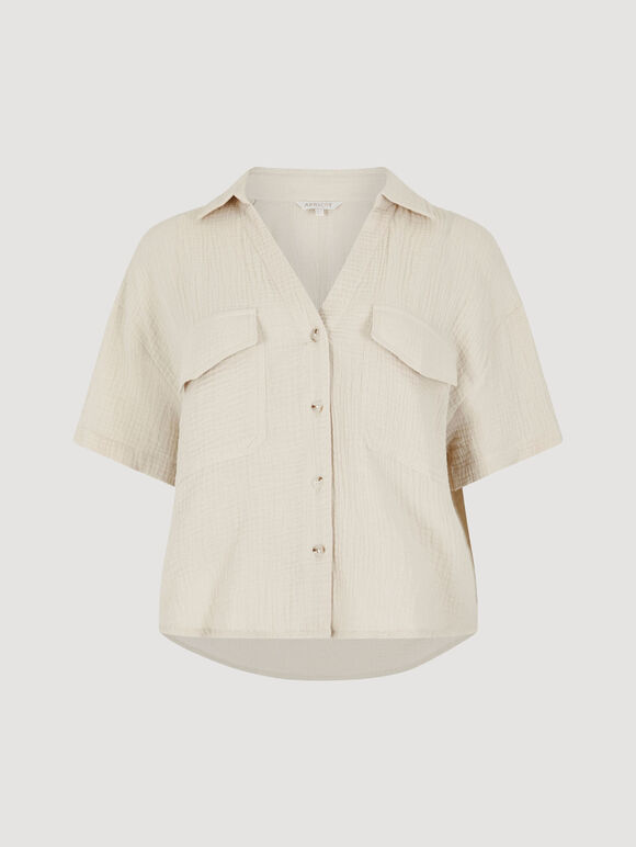 Textured Cotton Boxy Shirt, Stone, large