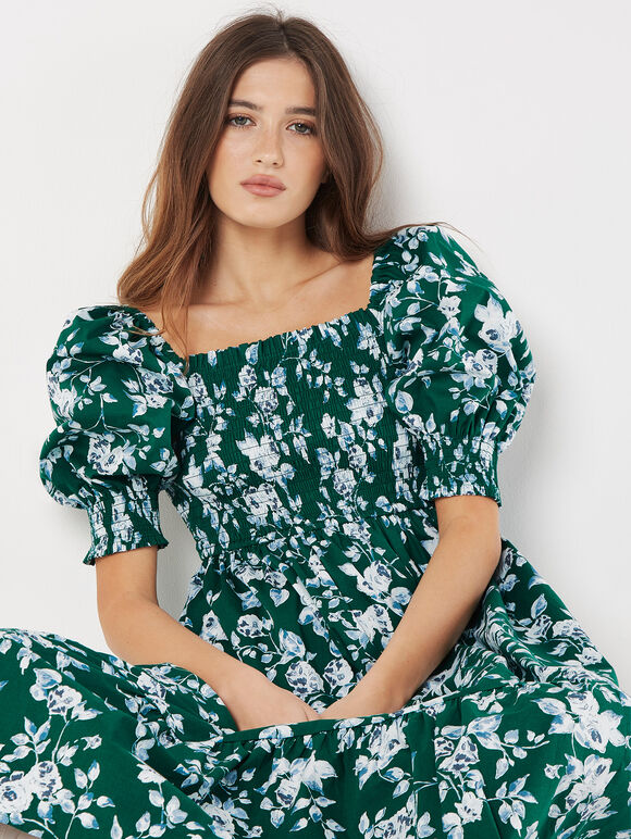 Rose Cotton Milkmaid Midaxi Dress, Green, large