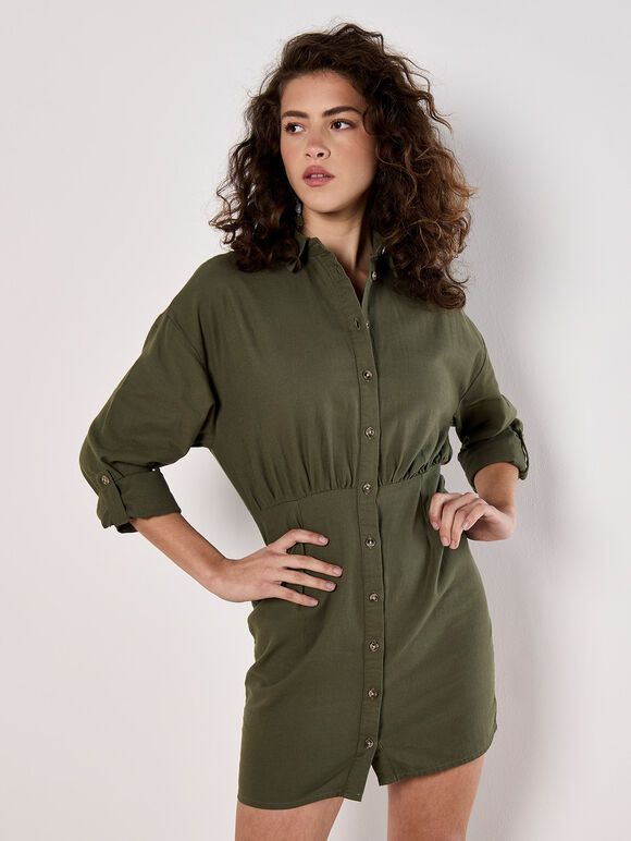 Fitted Twill Shirt Mini Dress, Khaki, large