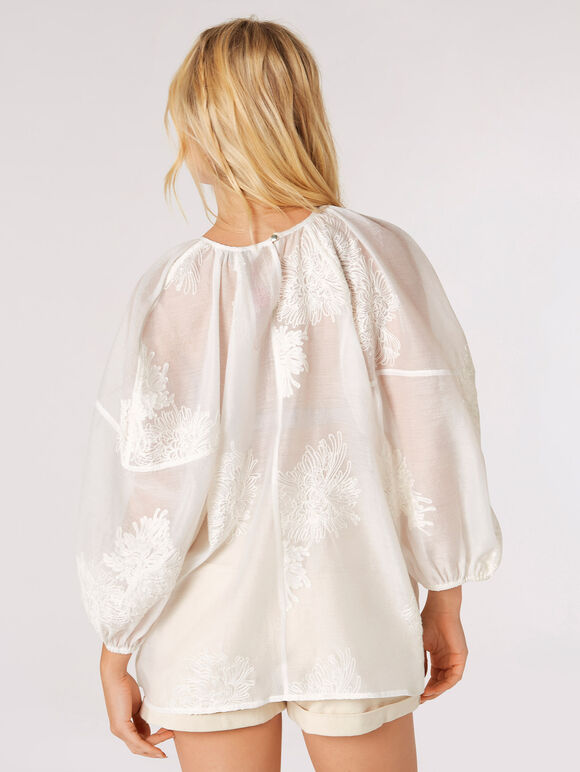 Floral Embroidered Organza Blouse, Cream, large