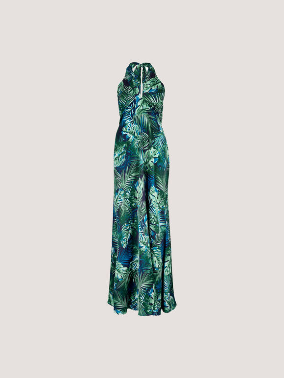 Tropical Leaf Satin Maxi Dress, Navy, large