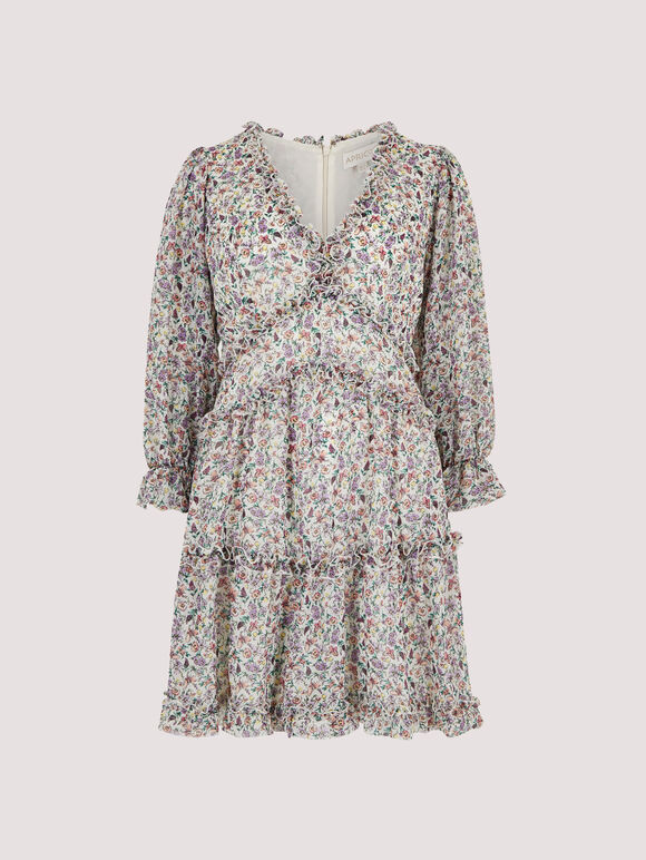 Floral Ruffle Tiered Dress, Cream, large