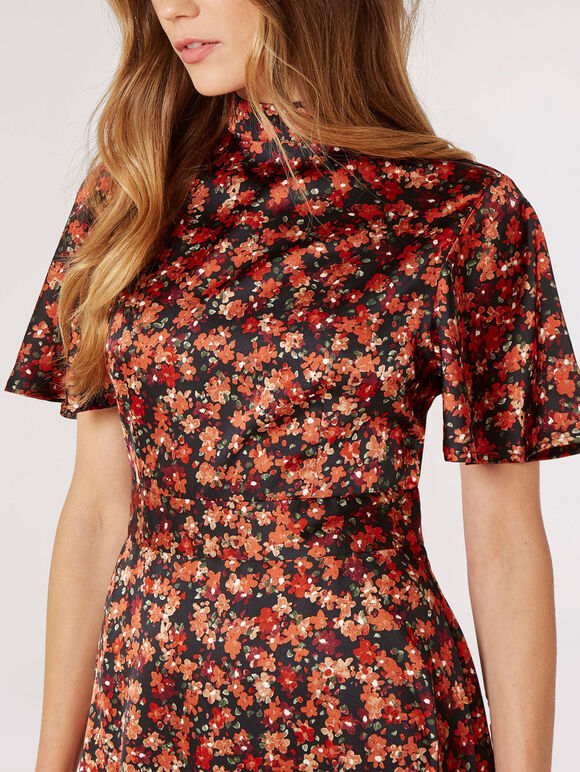 Floral Satin Mini Dress, Black, large