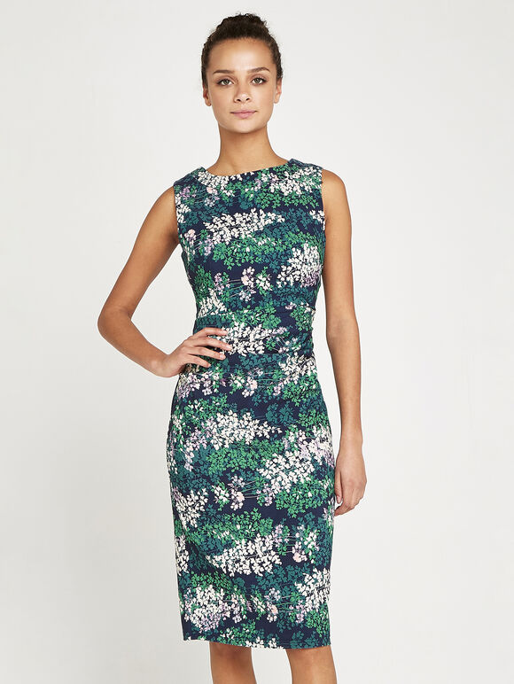 Fern Springs Print In Side Ruched Dress, Navy, large