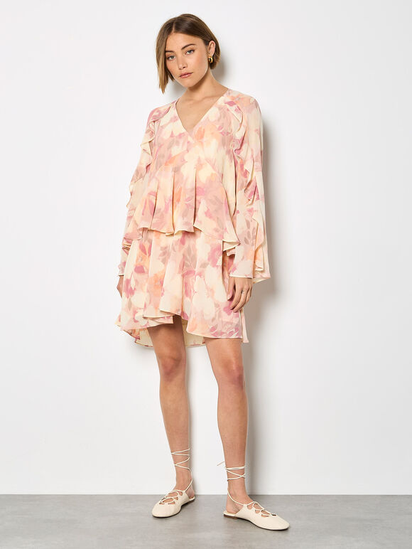 Floral Chiffon Ruffle Mini Dress, Pink, large