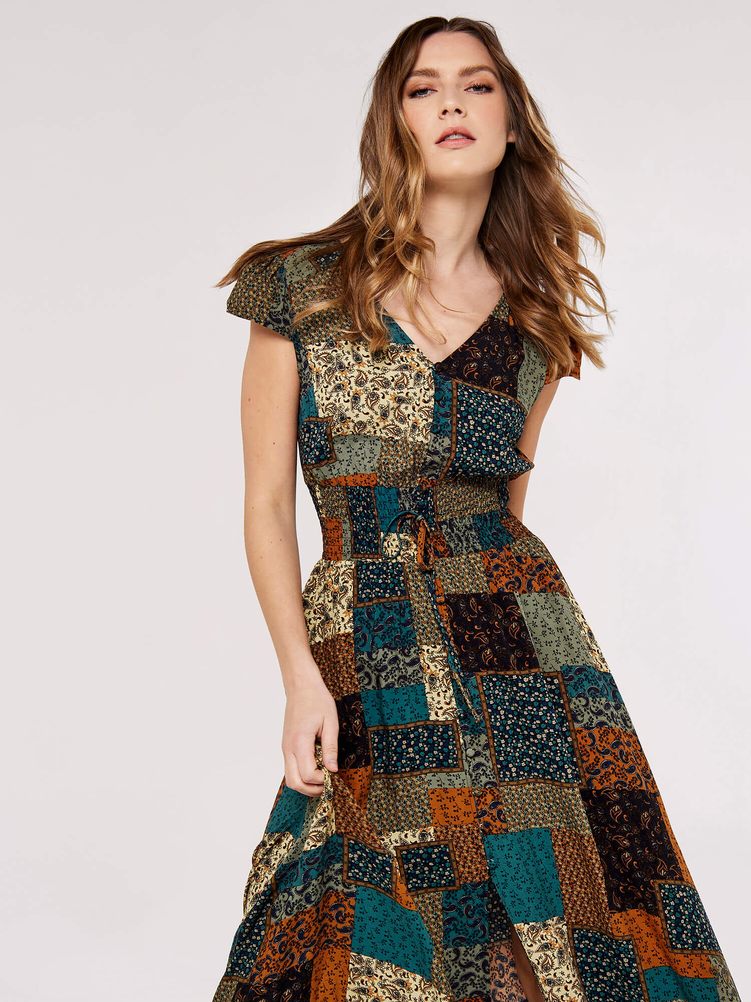 Patchwork Smocked Maxi Dress Apricot Clothing