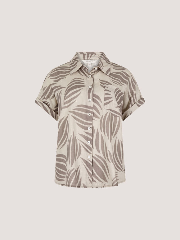Linen Blend Shell Print Shirt, Stone, large