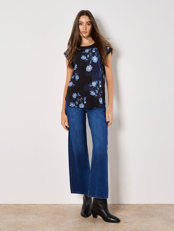 Floral Print Woven T-Shirt, Navy, large