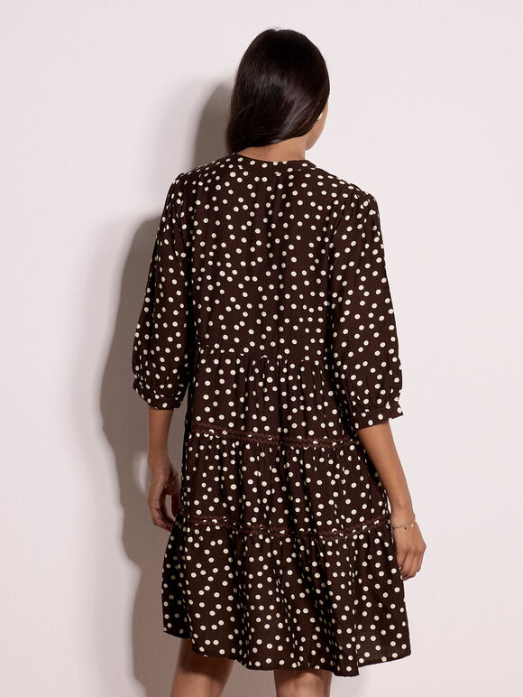 Polka Dot Tiered Mini Dress, Brown, large