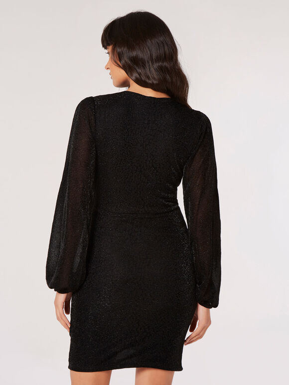 Sparkle Wrap Mini Dress, Black, large