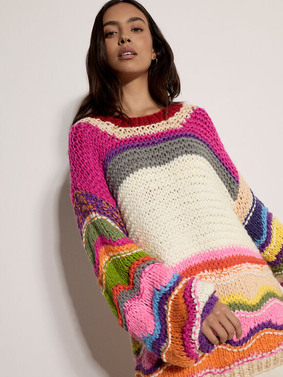 Multicoloured Wave Chunky Jumper, Assorted, large